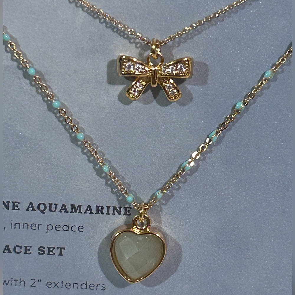 LUNA NORTE Bow And Heart Charm Necklace Set With Genuine Aquamarine NWTS - Picture 2 of 12
